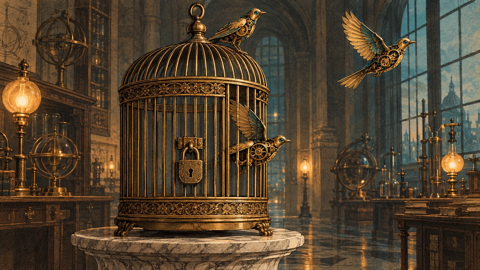 A vintage illustration of a locked brass birdcage on a marble pedestal in a laboratory hall, its padlock intact, while small mechanical birds slip out through the gaps between the bars.
