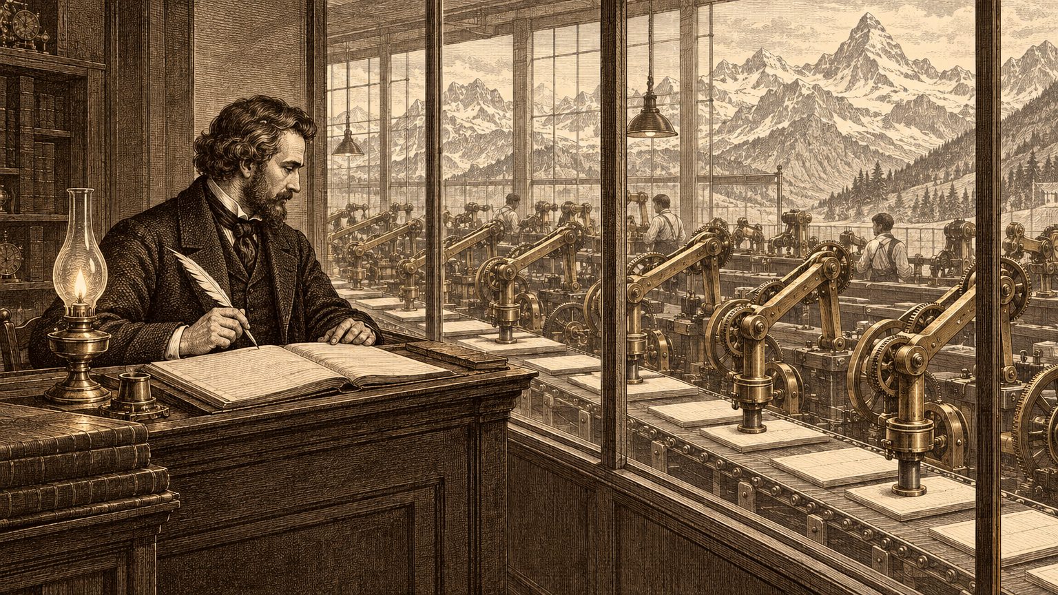 A vintage engraving of a lone watchmaker checking one line in a ledger at a desk, while rows of brass clockwork machine arms assemble ledger pages on a factory line behind glass, Swiss peaks in the window.
