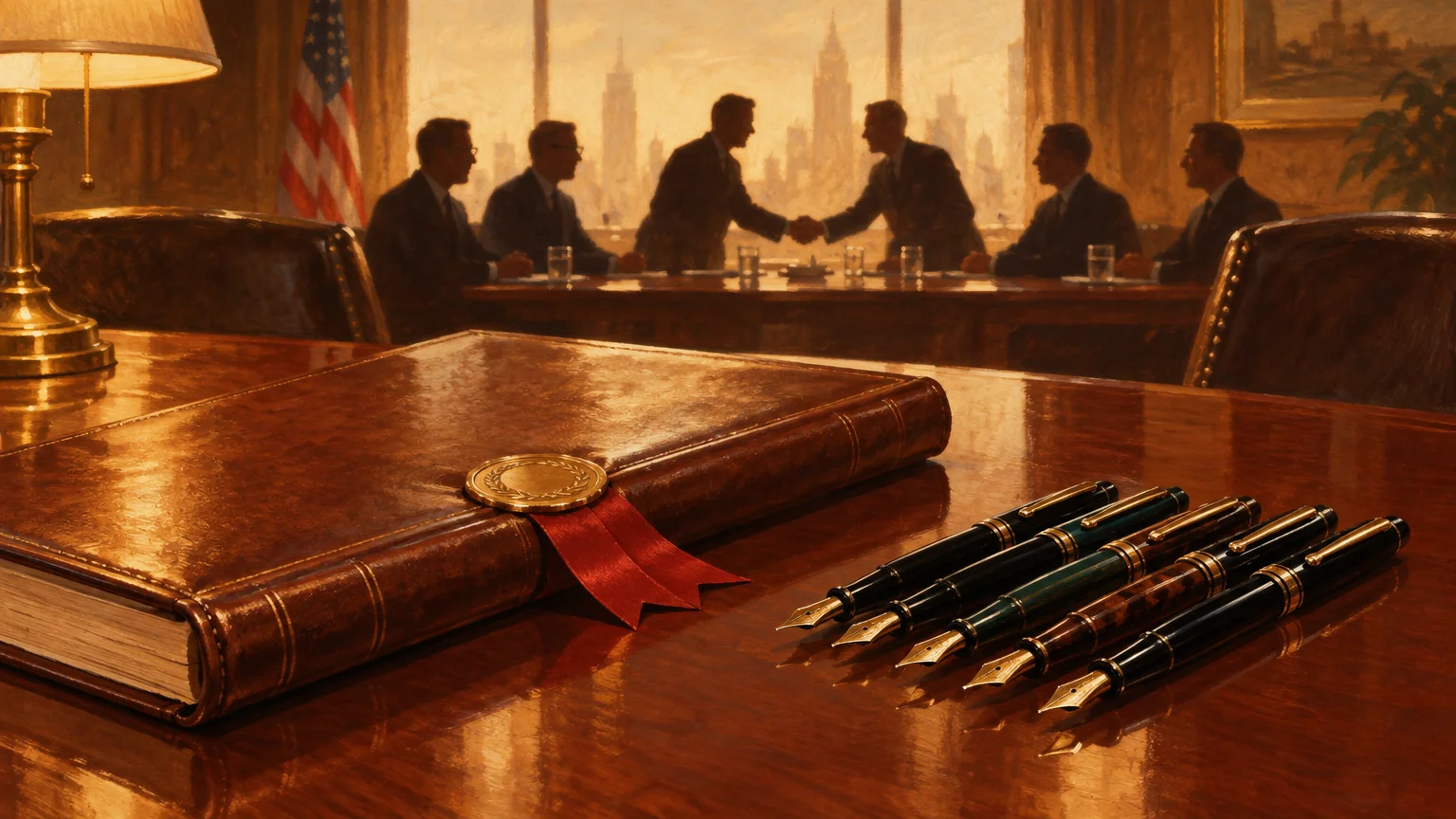 A leather-bound executive order beside six pens and an official seal.