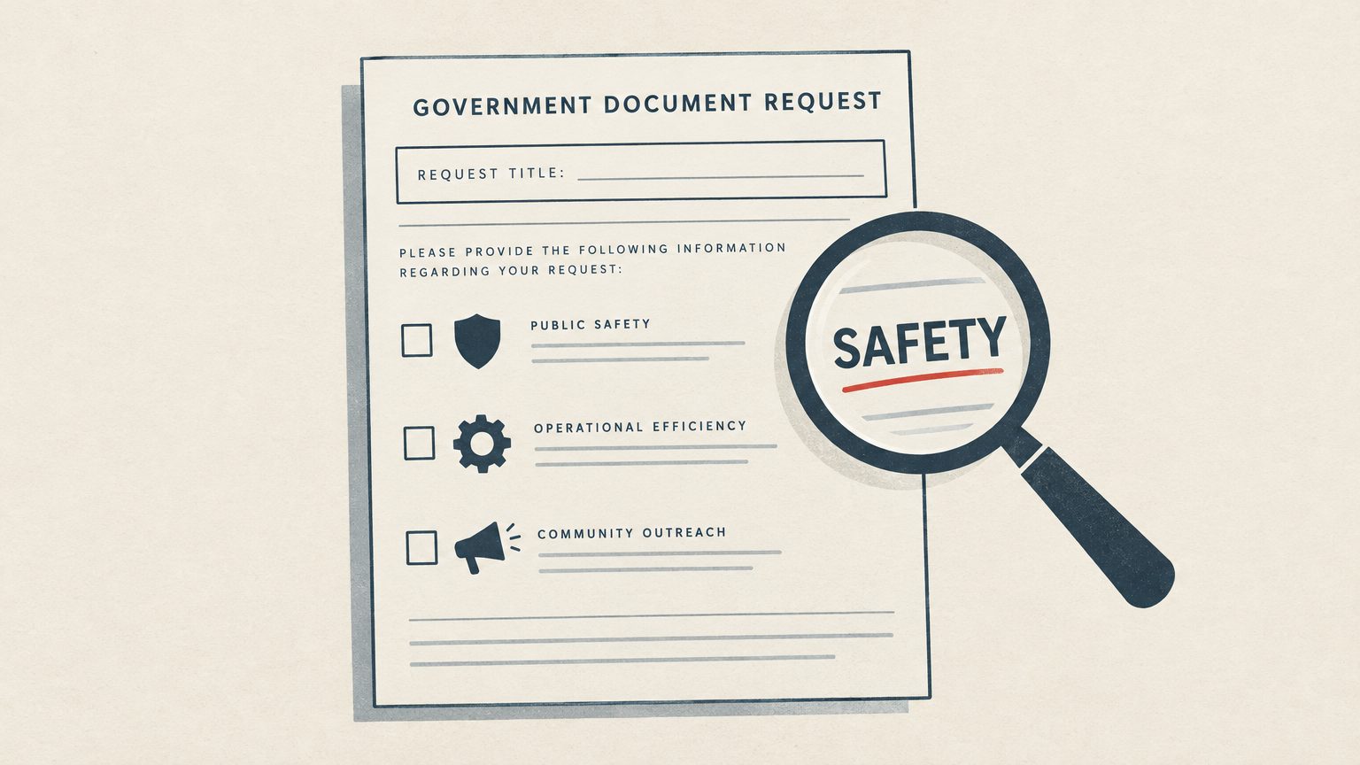 A government document request form with three checkbox lines (shield, gear and megaphone icons) and a large magnifying glass hovering over the word SAFETY, underlined in red.