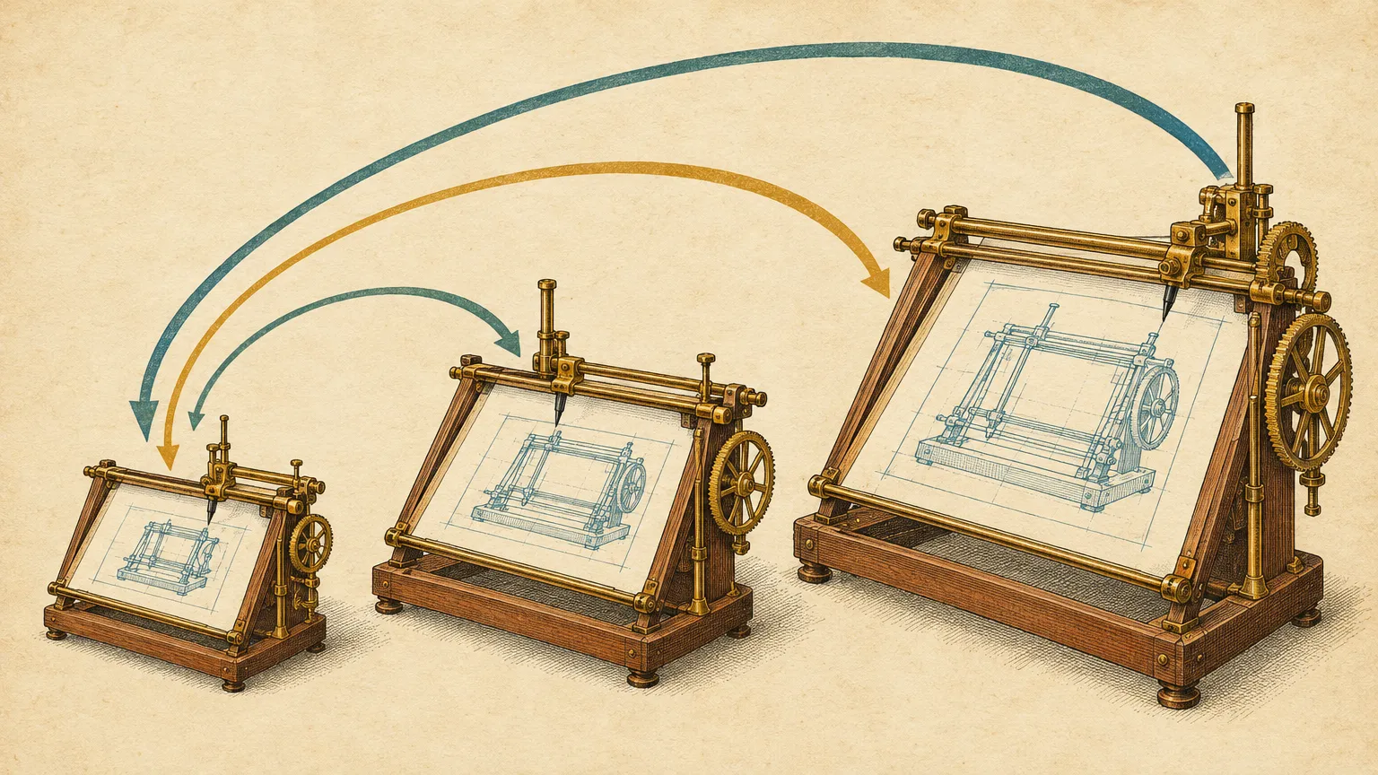 Three antique drafting machines in a row, each drawing the blueprint of a larger version of itself, curved arrows feeding back from the largest machine to the smallest.
