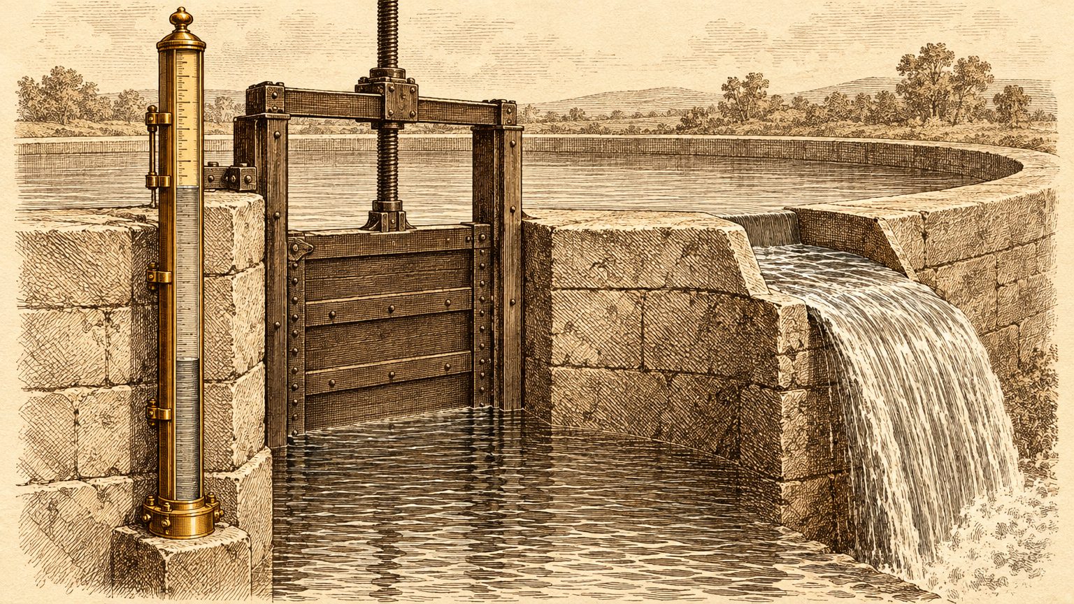 A vintage engraving of a stone reservoir with a brass depth gauge, its heavy sluice gate lowered partway, while water already spills over an open overflow channel cut into the rim.