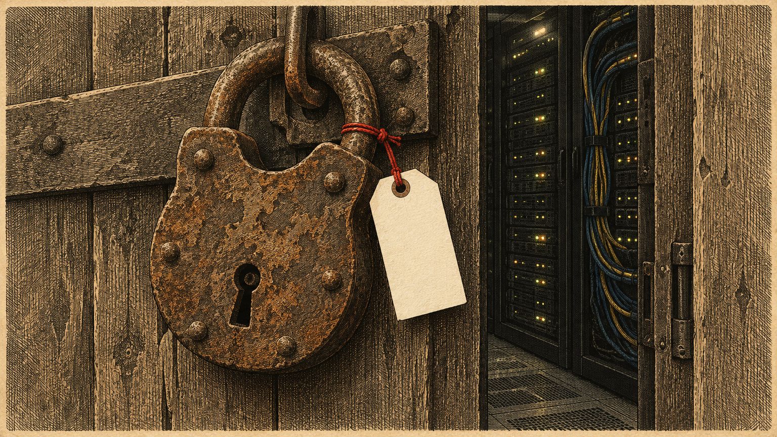 A vintage illustration of a large rusted antique padlock on a wooden server room door, with a fresh blank price tag tied to it with red string and glowing server racks behind the gap.