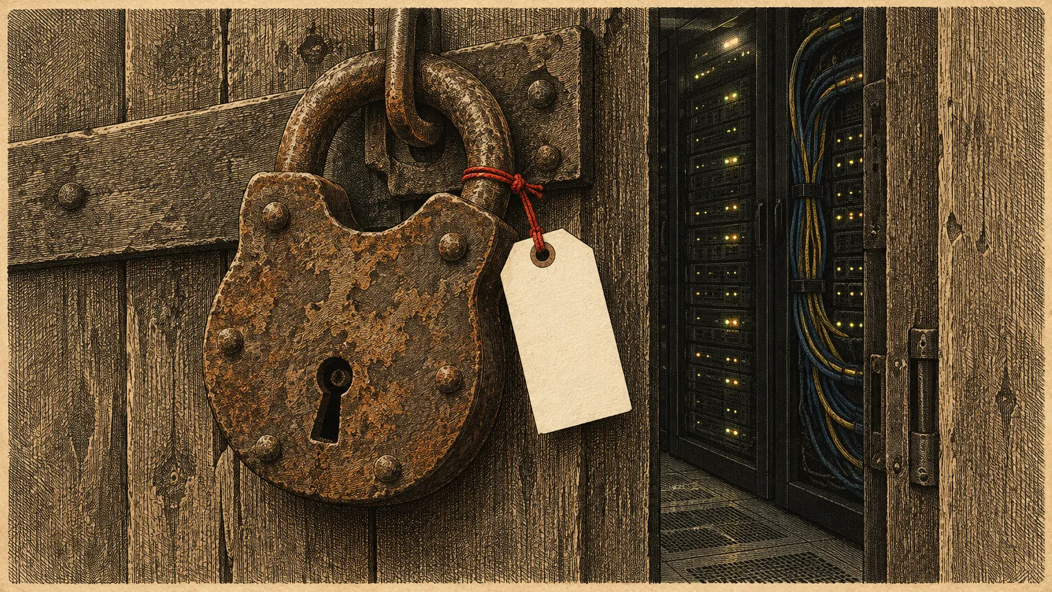 A vintage illustration of a large rusted antique padlock on a wooden server room door, with a fresh blank price tag tied to it with red string and glowing server racks behind the gap.