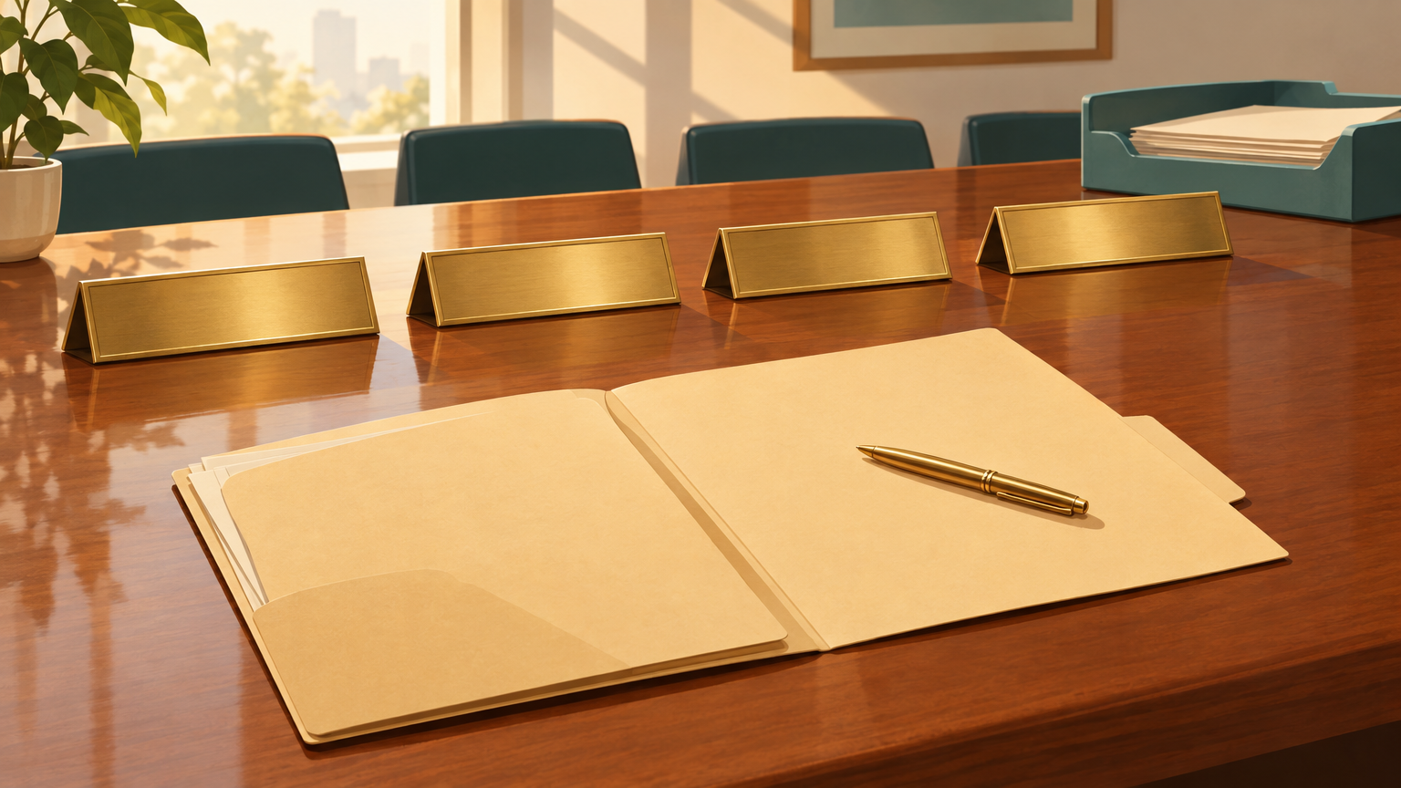Editorial illustration of an open manila task-force folder with a gold pen on a wooden desk, four empty brass chair nameplates behind it, and a teal document tray.