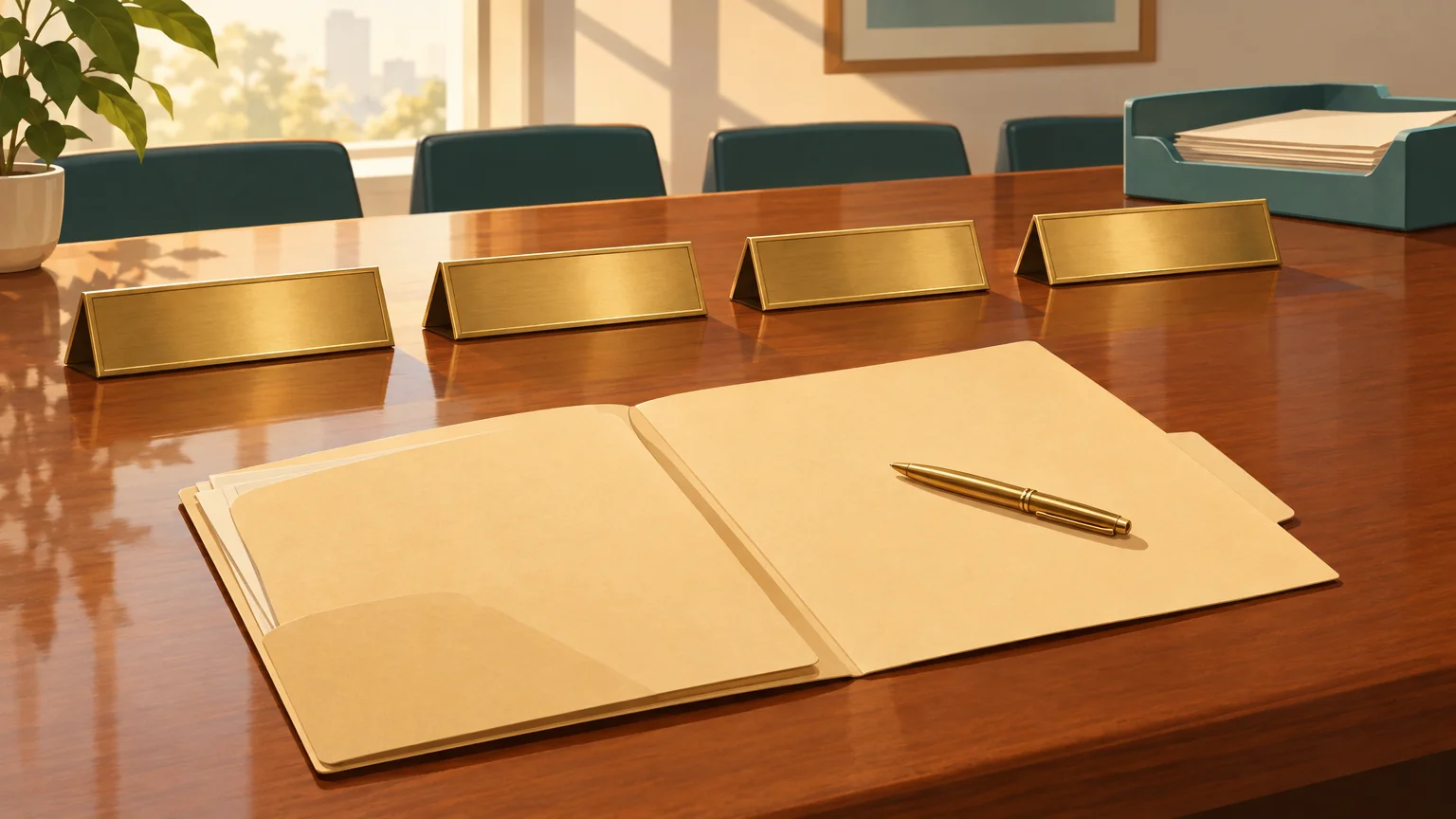 An open manila task-force folder with a gold pen and empty chair nameplates.