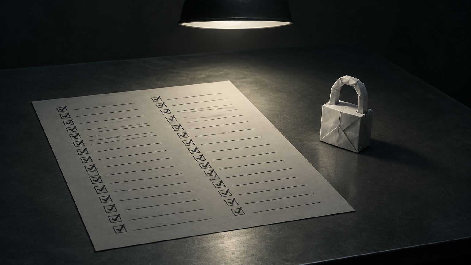 A completed checklist on a steel desk under a lamp, next to a flimsy padlock made of folded paper.