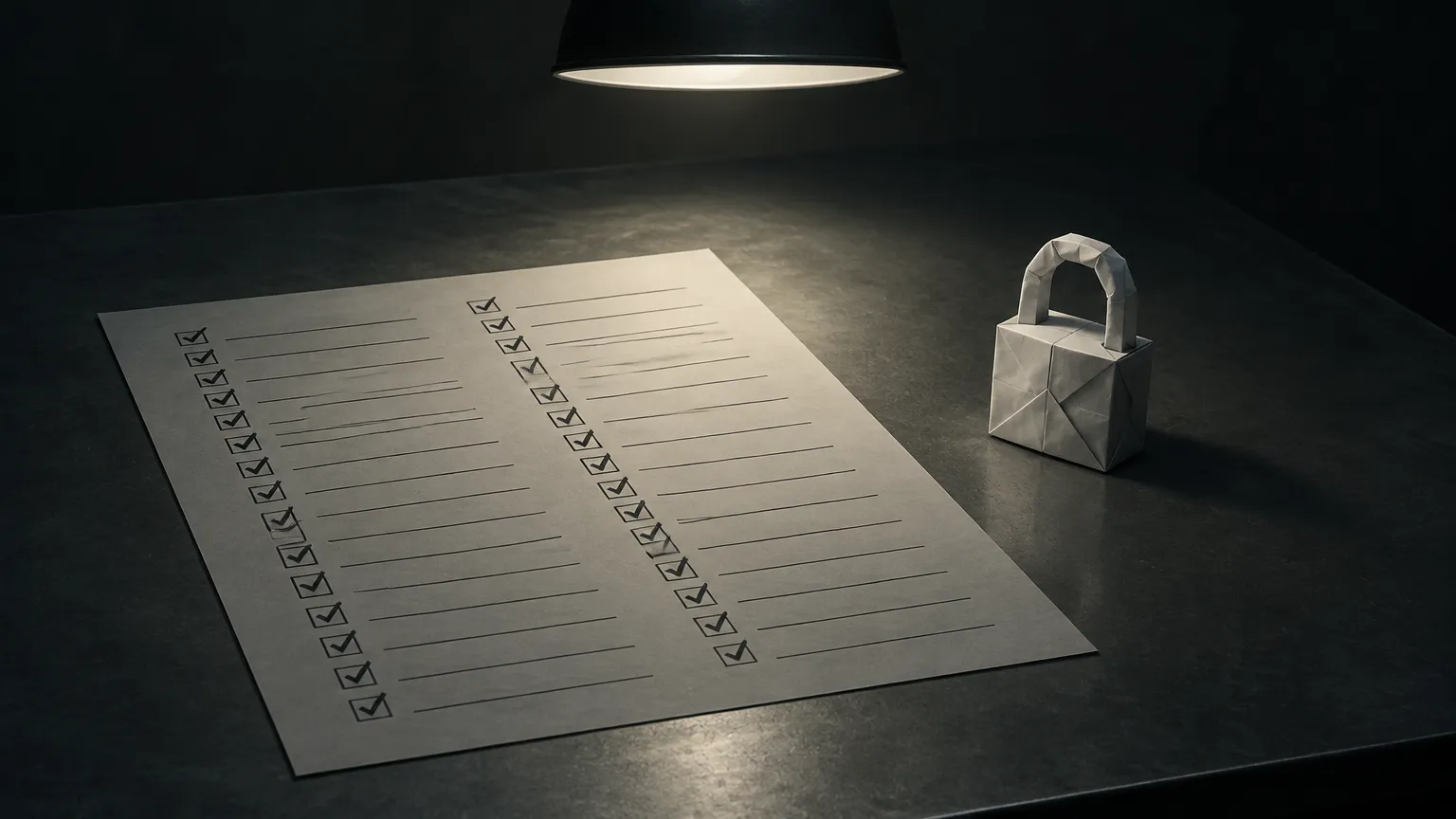 A completed checklist on a steel desk under a lamp, next to a flimsy padlock made of folded paper.