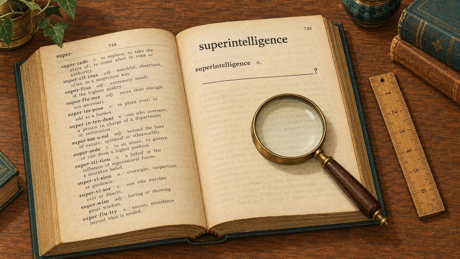An open antique dictionary with the headword 'superintelligence' entered and its definition line blank under a question mark, a brass magnifying glass and a wooden ruler beside it.