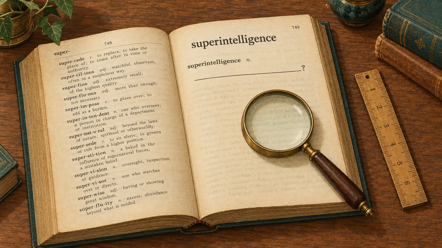An open vintage dictionary at the entry superintelligence, the definition line blank except for a question mark.