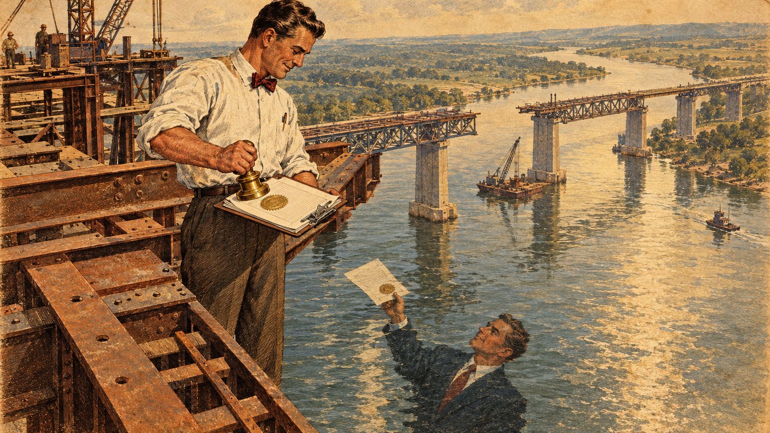 A vintage illustration of an engineer on a half-built bridge stamping his own inspection report, while his suited double hands the paper up to him from below.