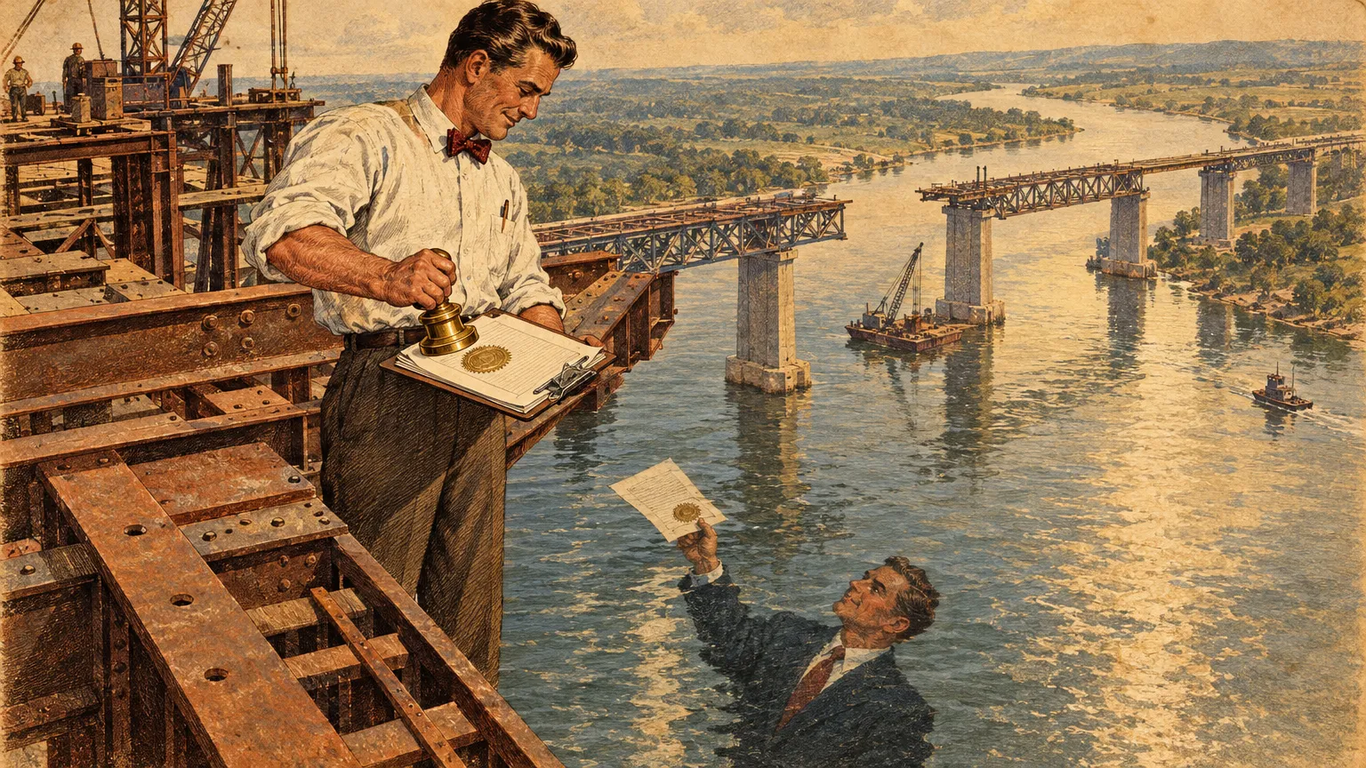 A vintage illustration of an engineer on a half-built bridge stamping his own inspection report, while his suited double hands the paper up to him from below.