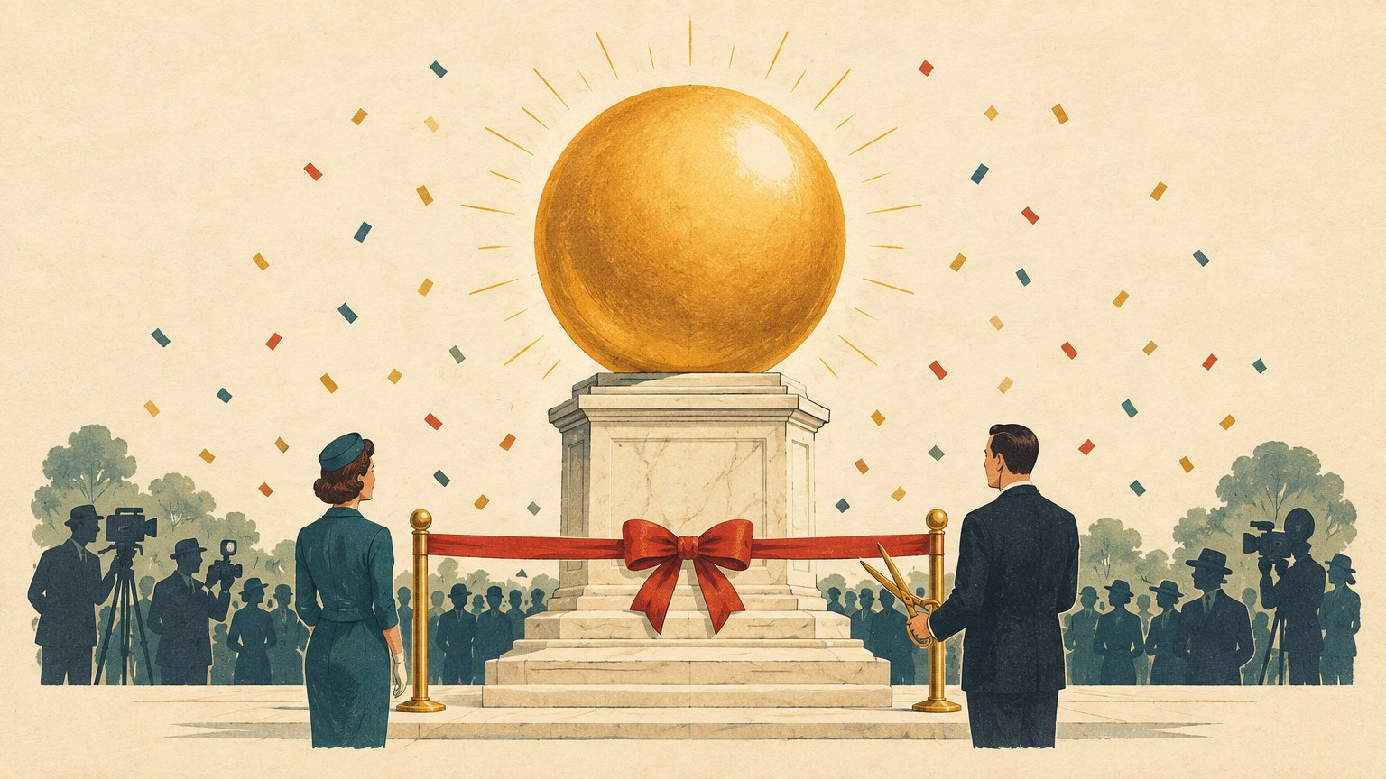 Vintage editorial illustration of the renaming ceremony: a glowing golden orb unveiled on a neoclassical marble pedestal, a red ribbon about to be cut, confetti in the air, silhouettes of officials and press cameras watching.